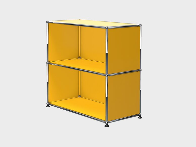Design Original USM Offener Schrank mit zwei Fächern in Gelb und verchromtem Gestell