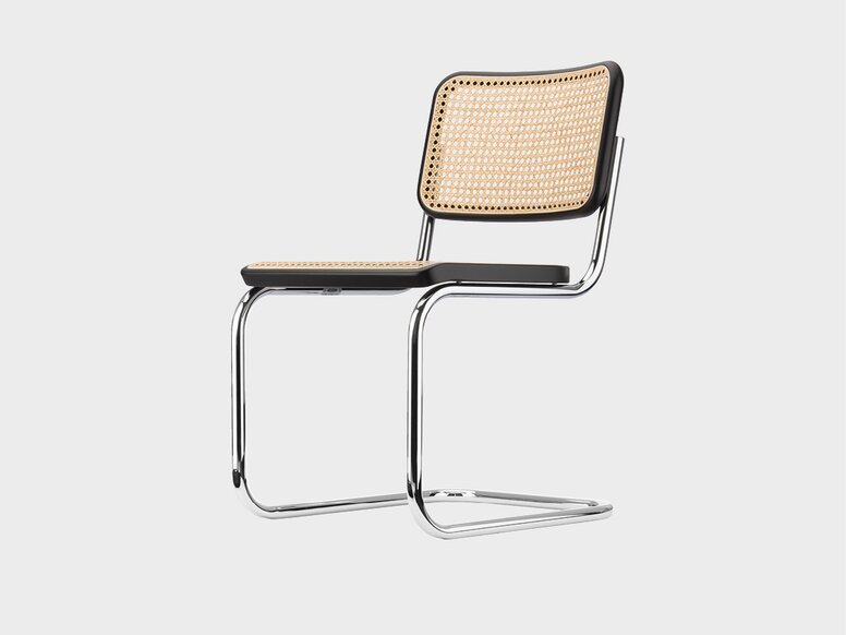 Design Original Thonet Thonet Stuhl mit verchromten Gestell, geflochtener Sitzfläche und Rückenlehne
