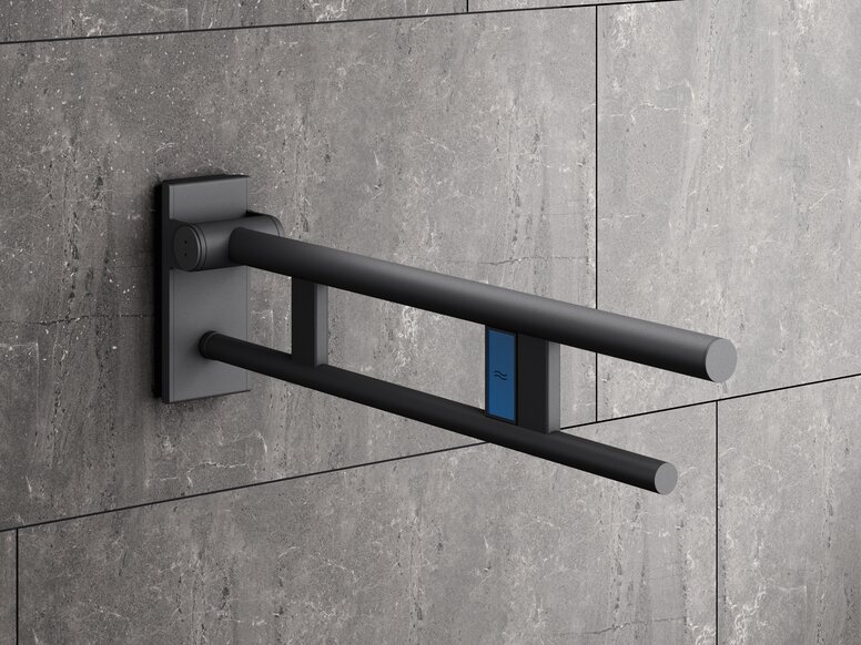 HEWI System 900 folding support handle, powder-coated, dark grey Folding support handle with sink release in matt dark grey stainless steel
